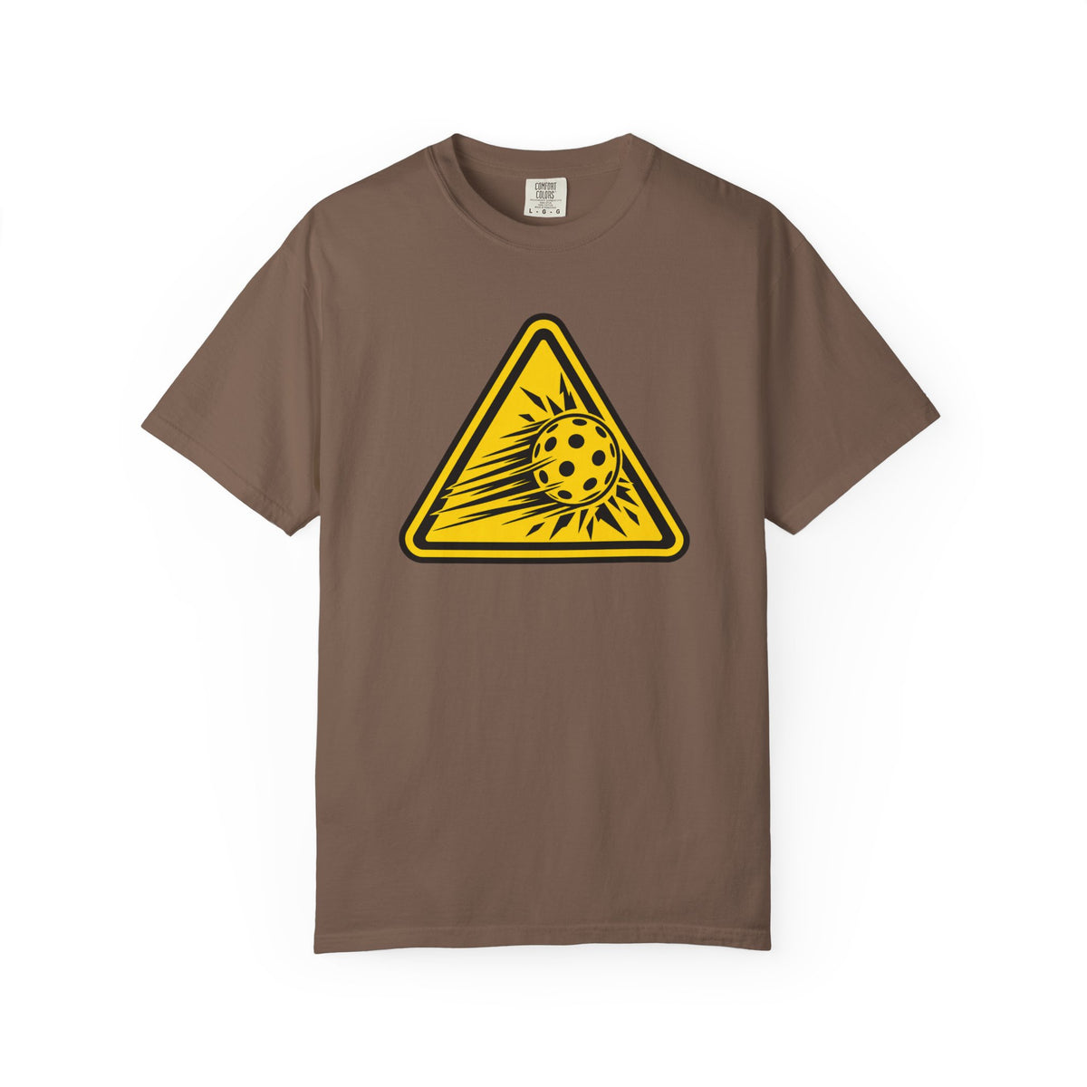 Espresso colored Caution High Speed pickleball T-shirt with yellow speeding pickleball warning graphic