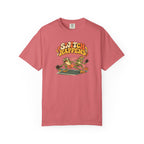 Watermelon colored Switch Happens pickleball t-shirt with colorful retro court graphic and bold curved lettering.