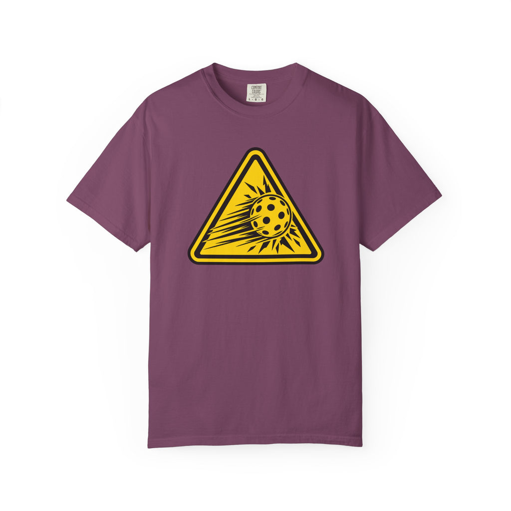 Berry colored Caution High Speed pickleball T-shirt with yellow speeding pickleball warning graphic