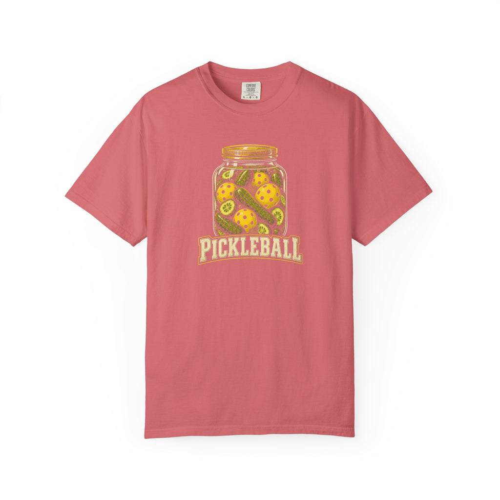 Watermelon colored Pickleball Jar t-shirt with illustrated jar of pickleballs and bold vintage typography.