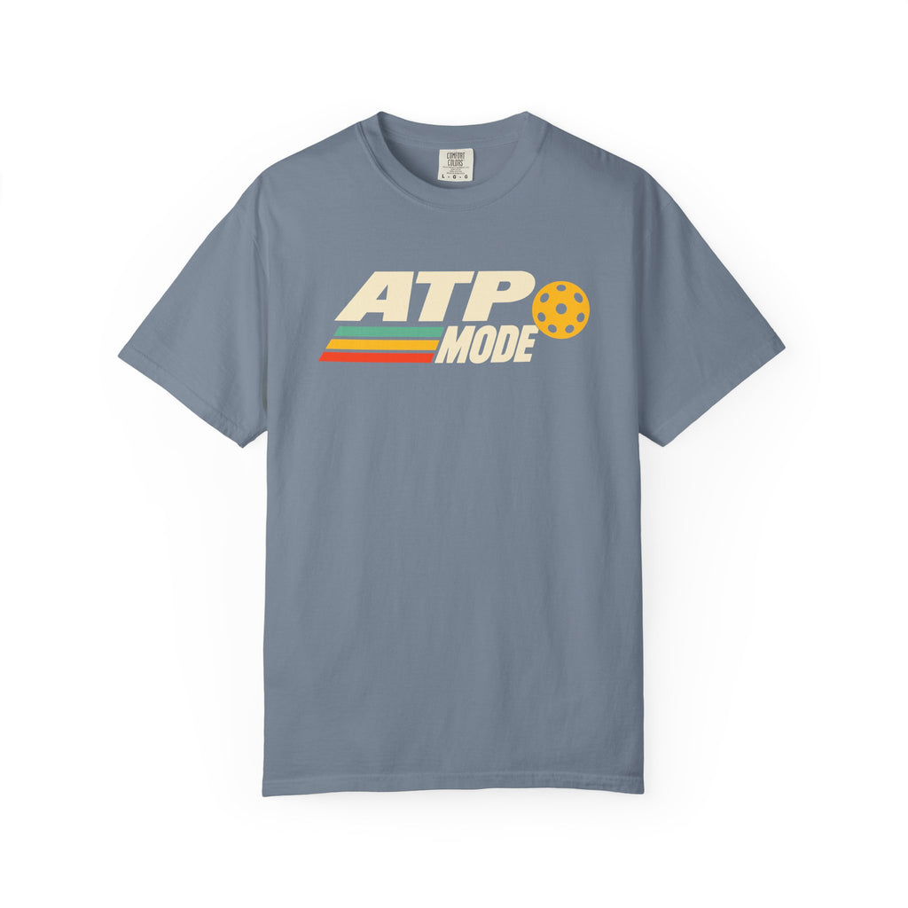 Blue-gray colored Retro ATP pickleball t-shirt with bold ATP lettering, retro speed stripes, and yellow pickleball accent.