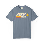 Blue-gray colored Retro ATP pickleball t-shirt with bold ATP lettering, retro speed stripes, and yellow pickleball accent.