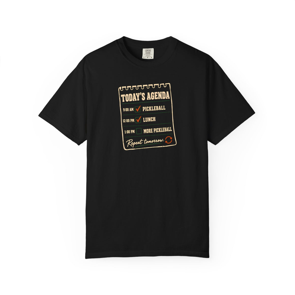 Black colored Today's Agenda pickleball t-shirt with framed checklist-style pickleball graphic and vintage typography.