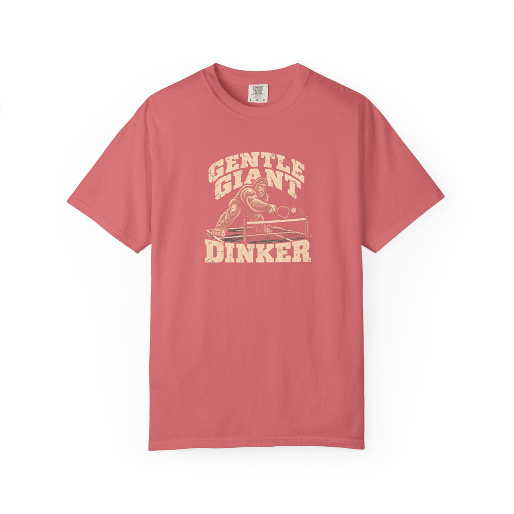 Watermelon colored Gentle Giant pickleball t-shirt with distressed cream vintage typography.