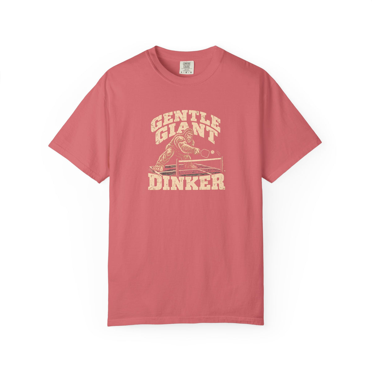 Watermelon colored Gentle Giant pickleball t-shirt with distressed cream vintage typography.