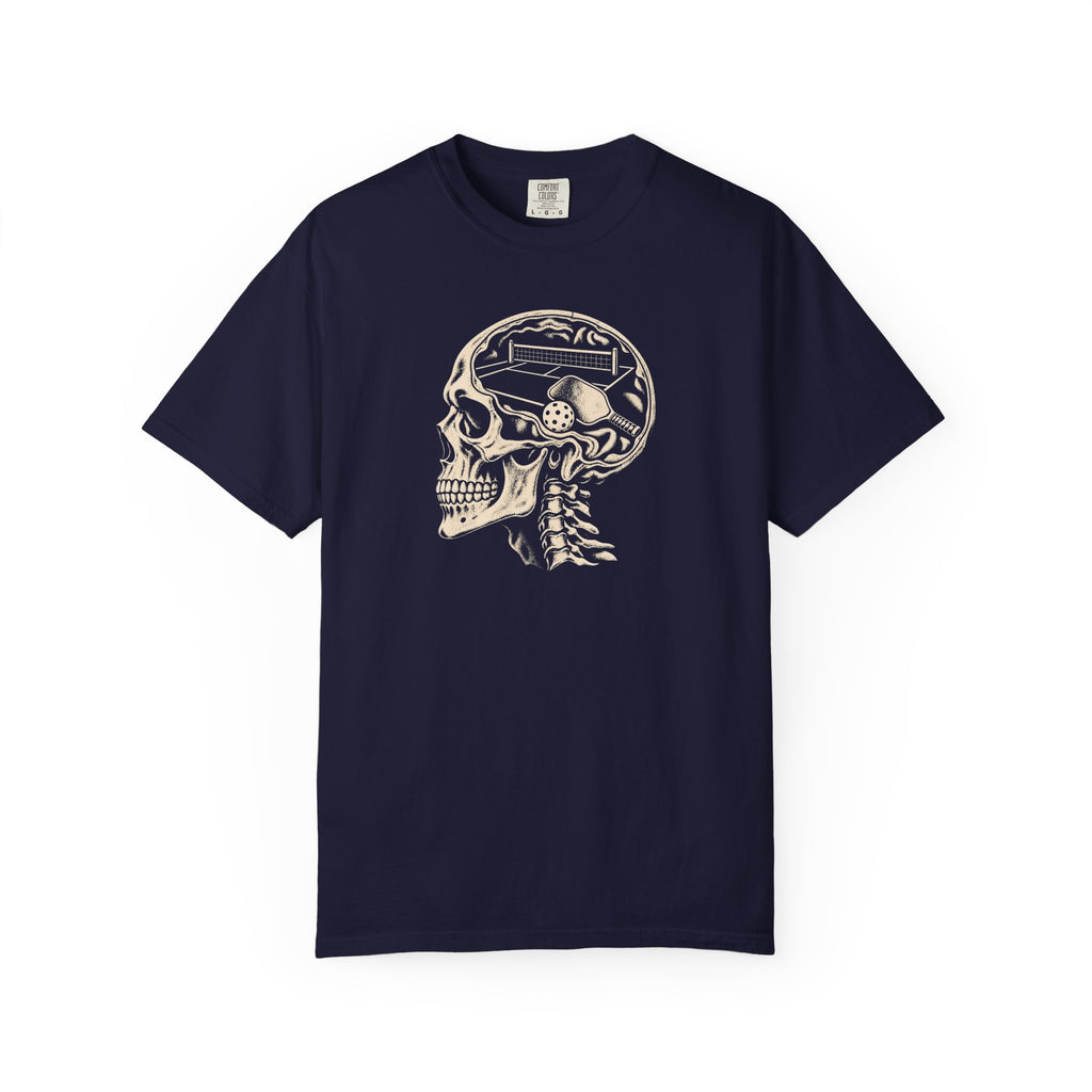Navy colored Pickleball On The Brain t-shirt with skull illustration and pickleball-themed head graphic.