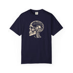 Navy colored Pickleball On The Brain t-shirt with skull illustration and pickleball-themed head graphic.