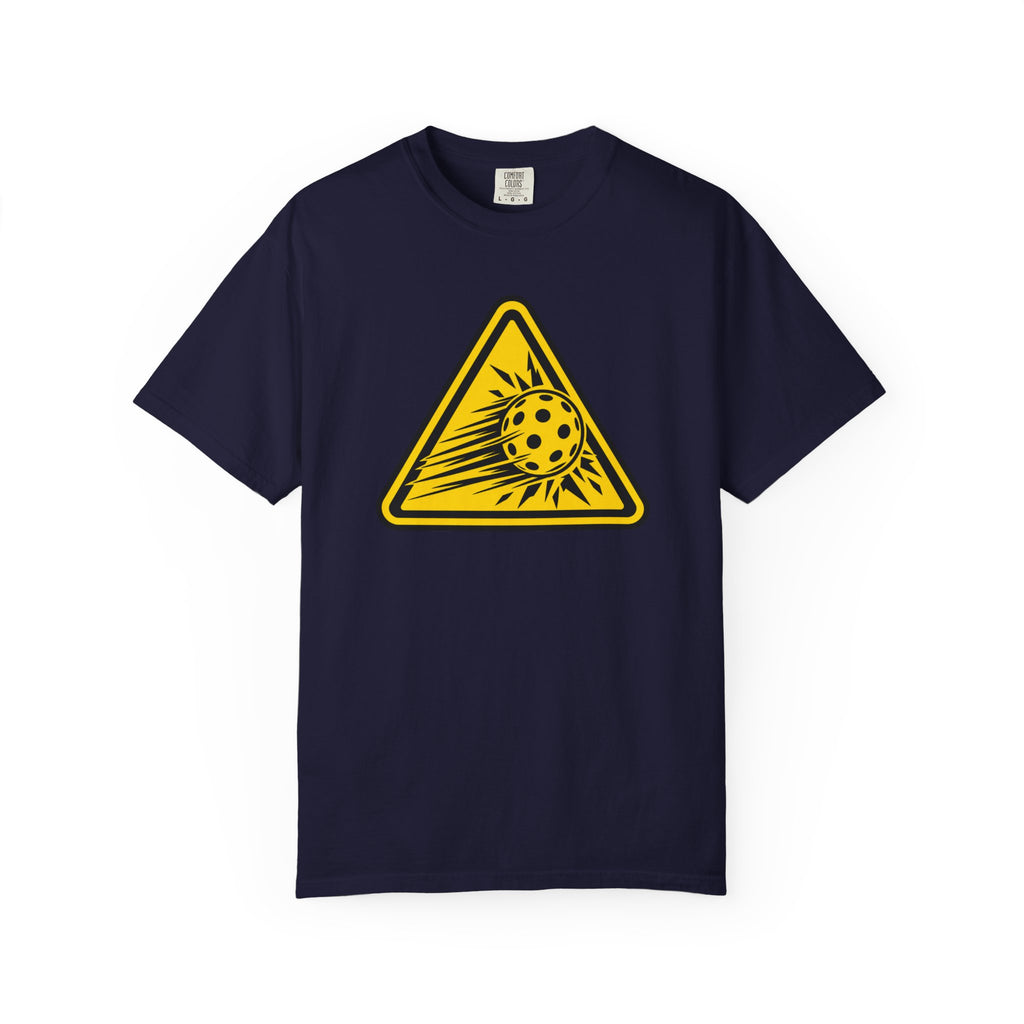 True Navy colored Caution High Speed pickleball T-shirt with yellow speeding pickleball warning graphic