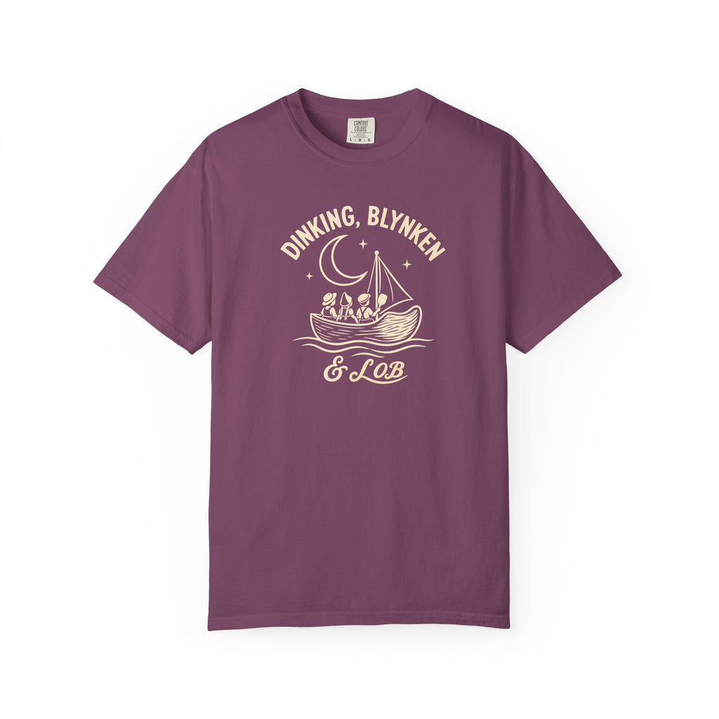Berry colored Dinking, Blynken & Lob pickleball t-shirt with vintage moon-themed illustration and curved lettering.