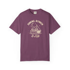 Berry colored Dinking, Blynken & Lob pickleball t-shirt with vintage moon-themed illustration and curved lettering.