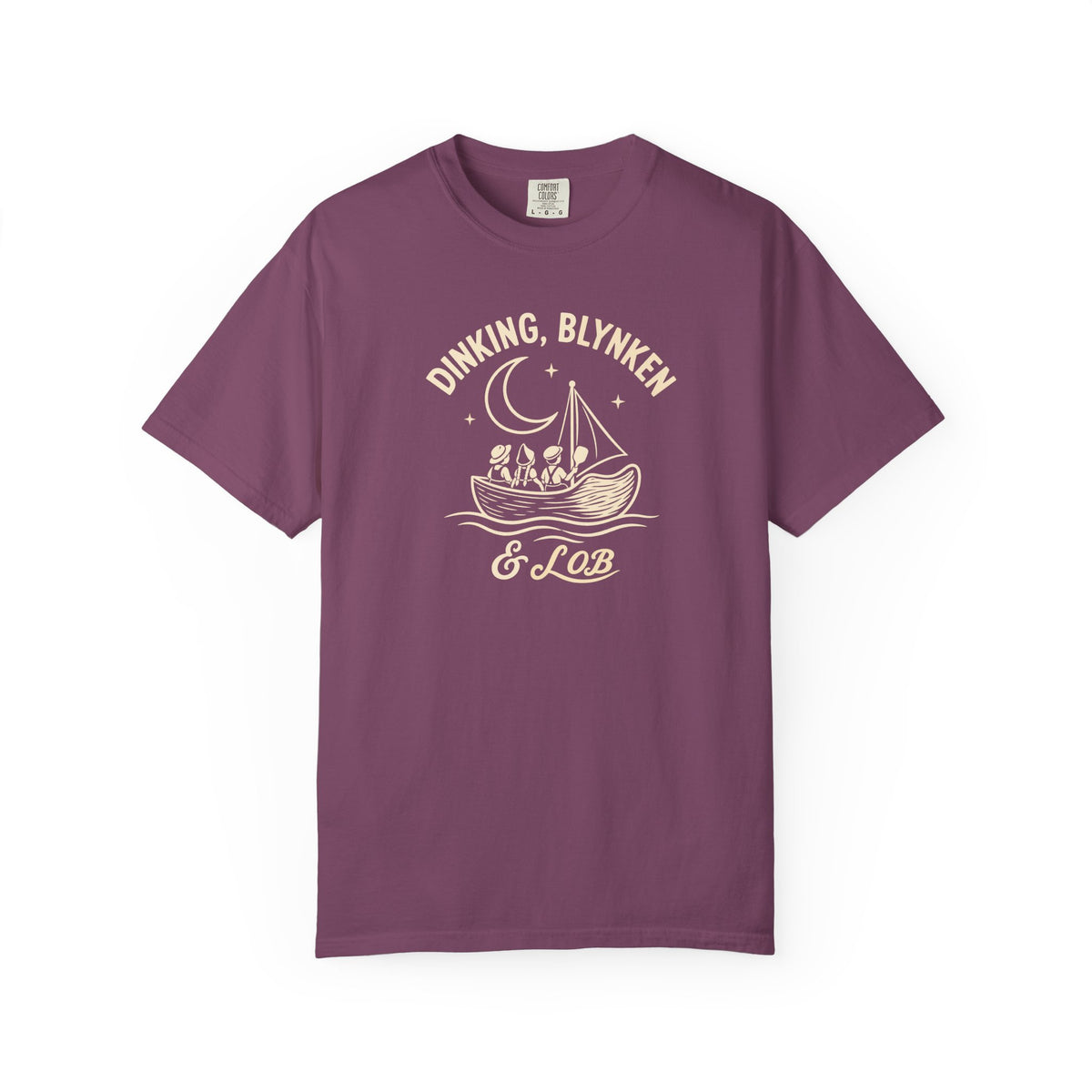 Berry colored Dinking, Blynken & Lob pickleball t-shirt with vintage moon-themed illustration and curved lettering.