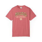Watermelon colored Pickleball On Repeat pickleball t-shirt with warm retro varsity-style typography.