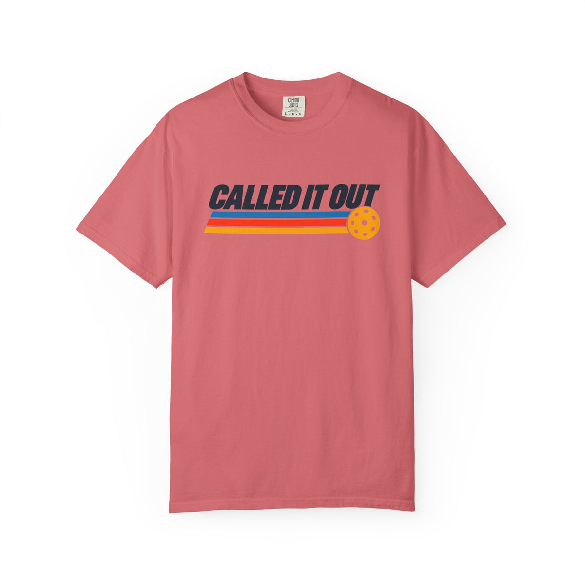Watermelonc olored Called It Out pickleball t-shirt with bold retro lettering and yellow pickleball accent.
