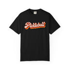 Black colored Pickleball t-shirt with simple retro script lettering and vintage underline detail.