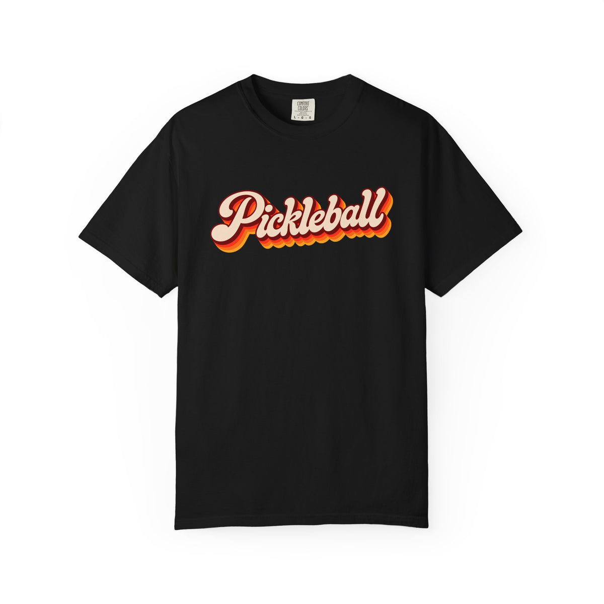Black colored Pickleball t-shirt with simple retro script lettering and vintage underline detail.