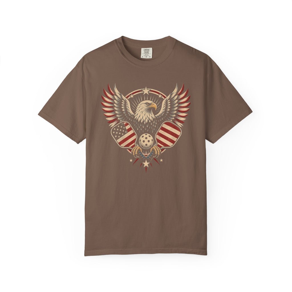 Espresso colored Pickleball Eagle t-shirt with eagle emblem, spread wings, and pickleball-themed details.