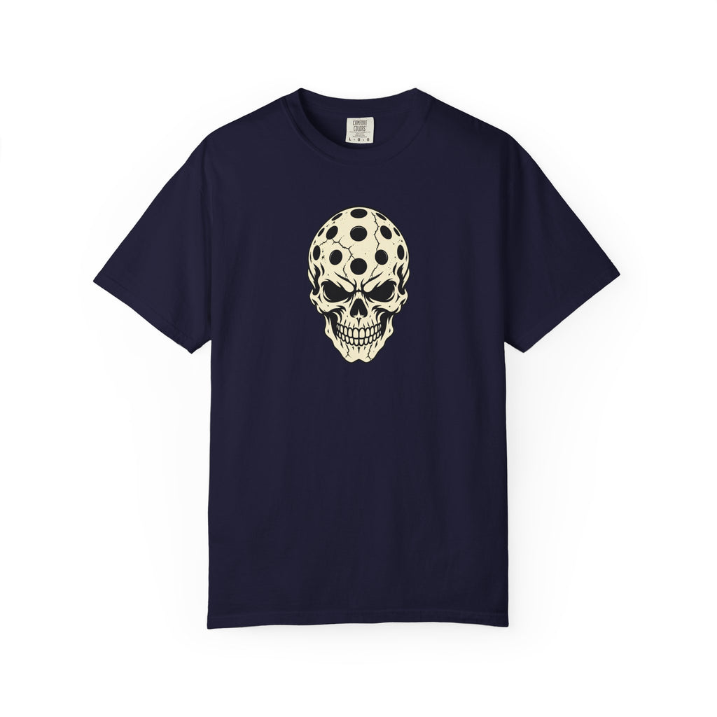 Navy colored Pickleball Skull t-shirt with skull illustration featuring perforated pickleball details.