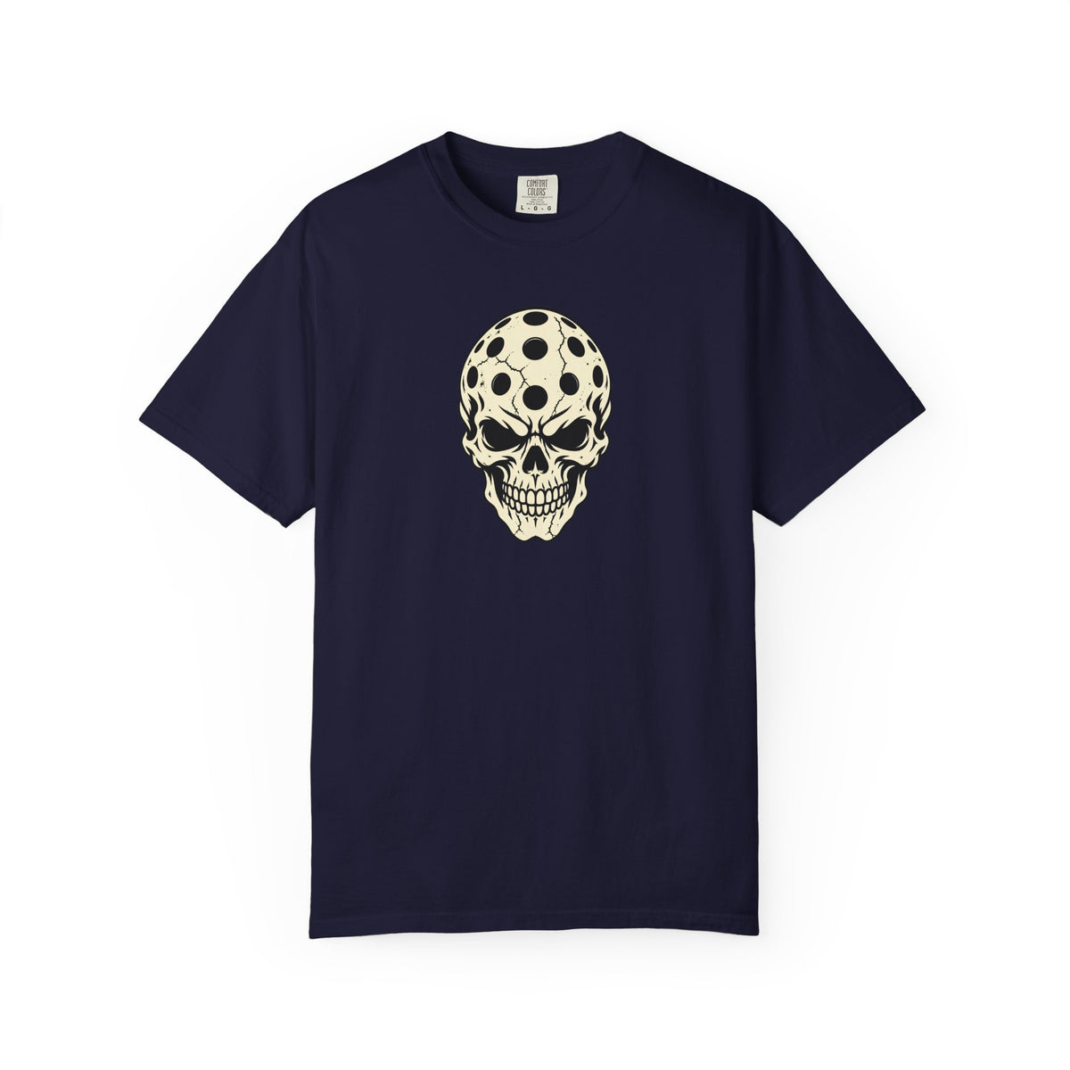 Navy colored Pickleball Skull t-shirt with skull illustration featuring perforated pickleball details.