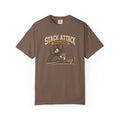 Espresso colored Stack Attack pickleball t-shirt with distressed cream lettering and pickleball strategy graphic.