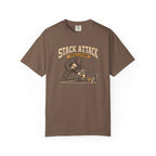 Espresso colored Stack Attack pickleball t-shirt with distressed cream lettering and pickleball strategy graphic.