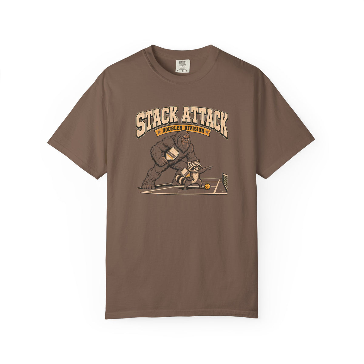 Espresso colored Stack Attack pickleball t-shirt with distressed cream lettering and pickleball strategy graphic.