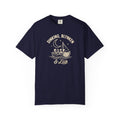 Navy colored Dinking, Blynken & Lob pickleball t-shirt with vintage moon-themed illustration and curved lettering.