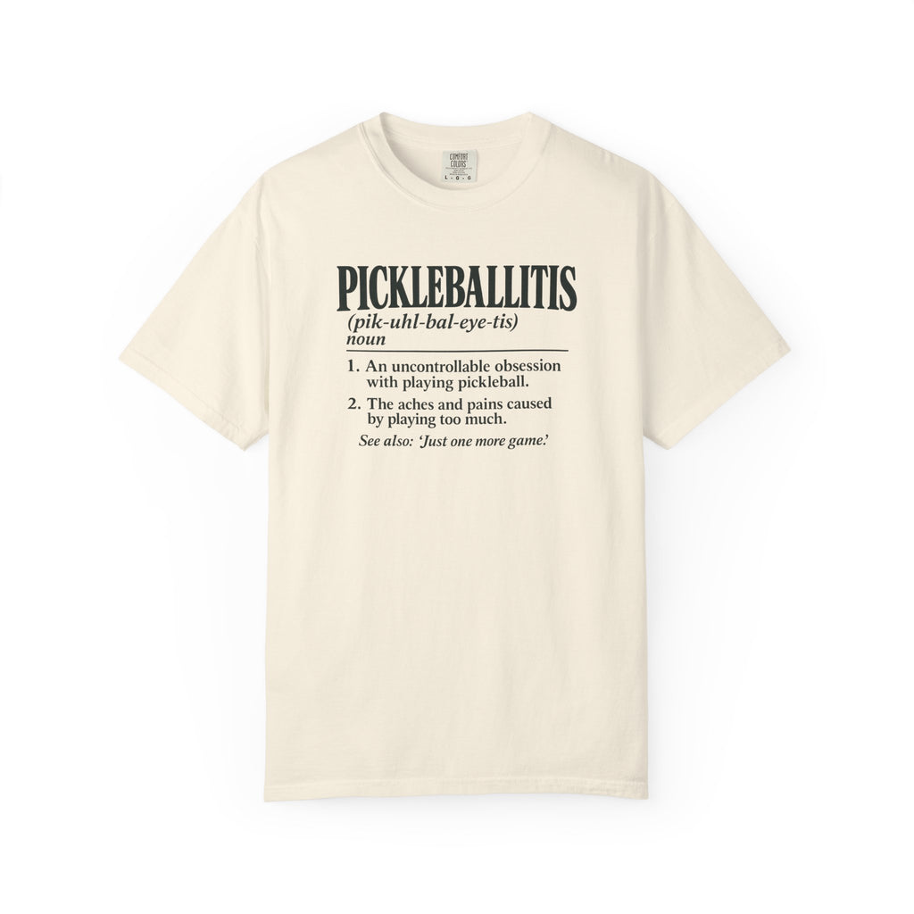 Ivory colored Pickleballitis pickleball t-shirt with dictionary-style diagnosis typography and humorous definition.