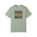 Sage colored Pickleball Made Me Do It t-shirt with bold distressed retro pickleball typography.