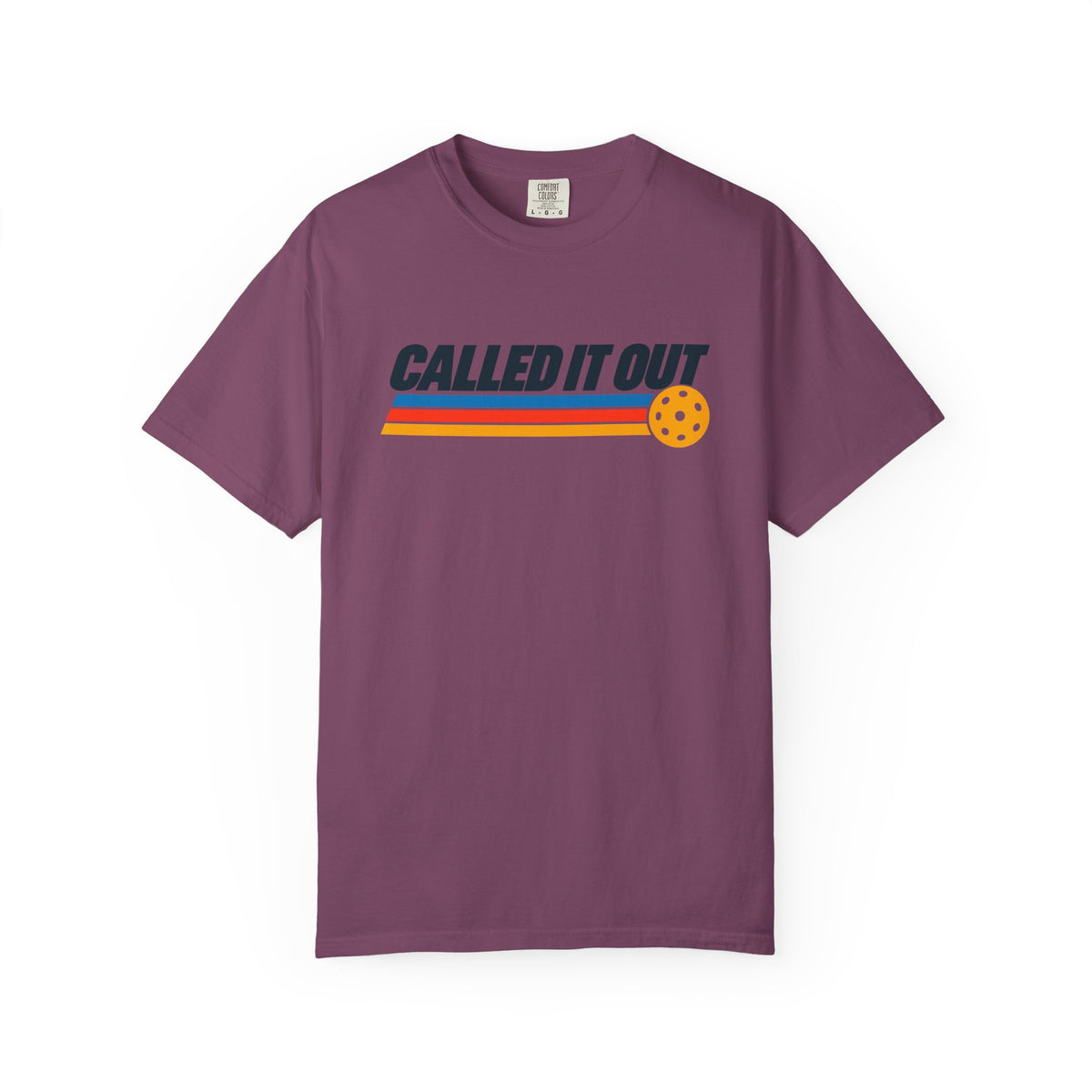 Berry colored Called It Out pickleball t-shirt with bold retro lettering and yellow pickleball accent.