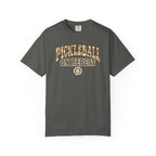 Pepper colored Pickleball On Repeat pickleball t-shirt with warm retro varsity-style typography.