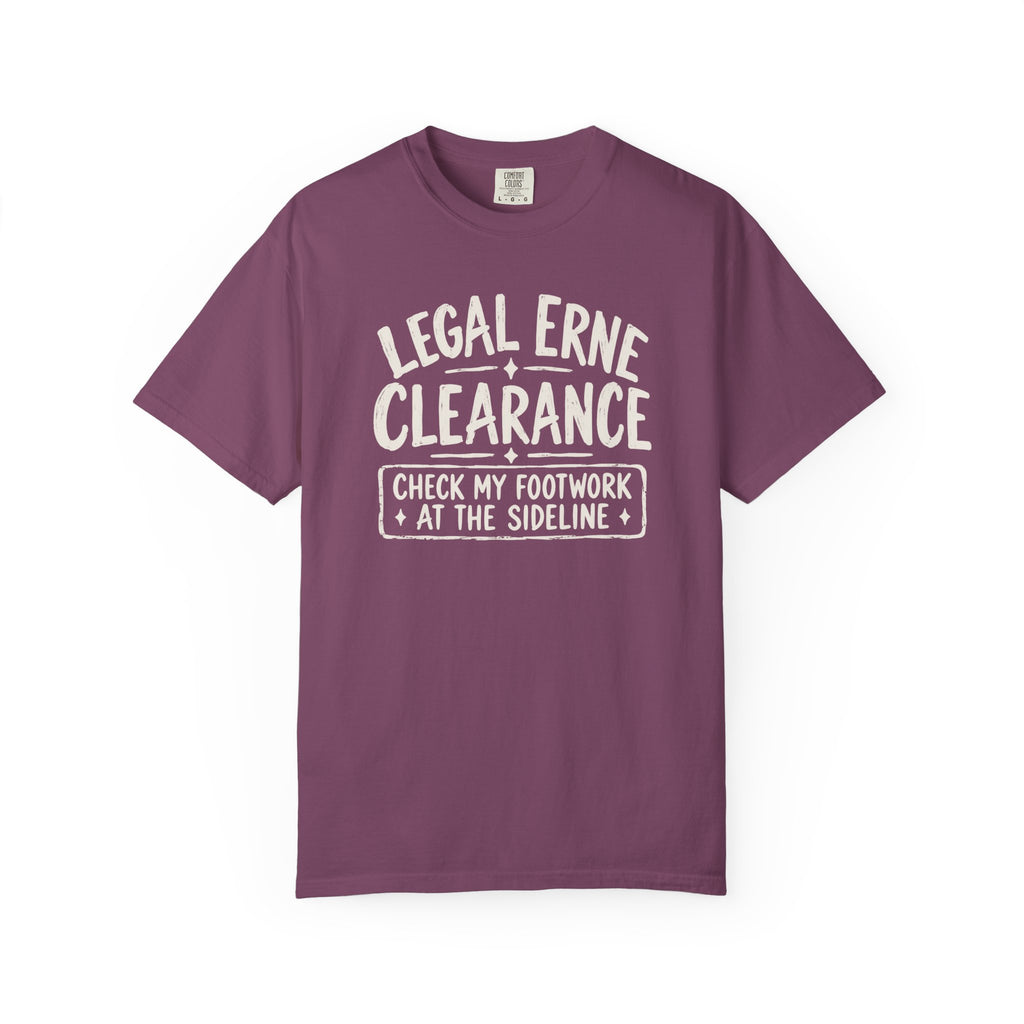 Berry colored Legal Erne pickleball t-shirt with bold Legal Erne Clearance typography and court-line styling.