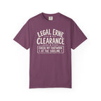 Berry colored Legal Erne pickleball t-shirt with bold Legal Erne Clearance typography and court-line styling.