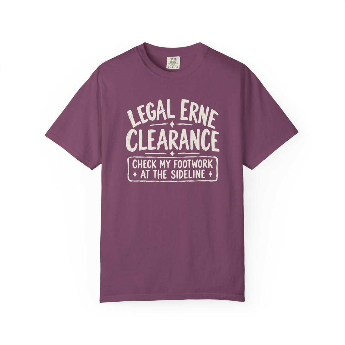 Berry colored Legal Erne pickleball t-shirt with bold Legal Erne Clearance typography and court-line styling.