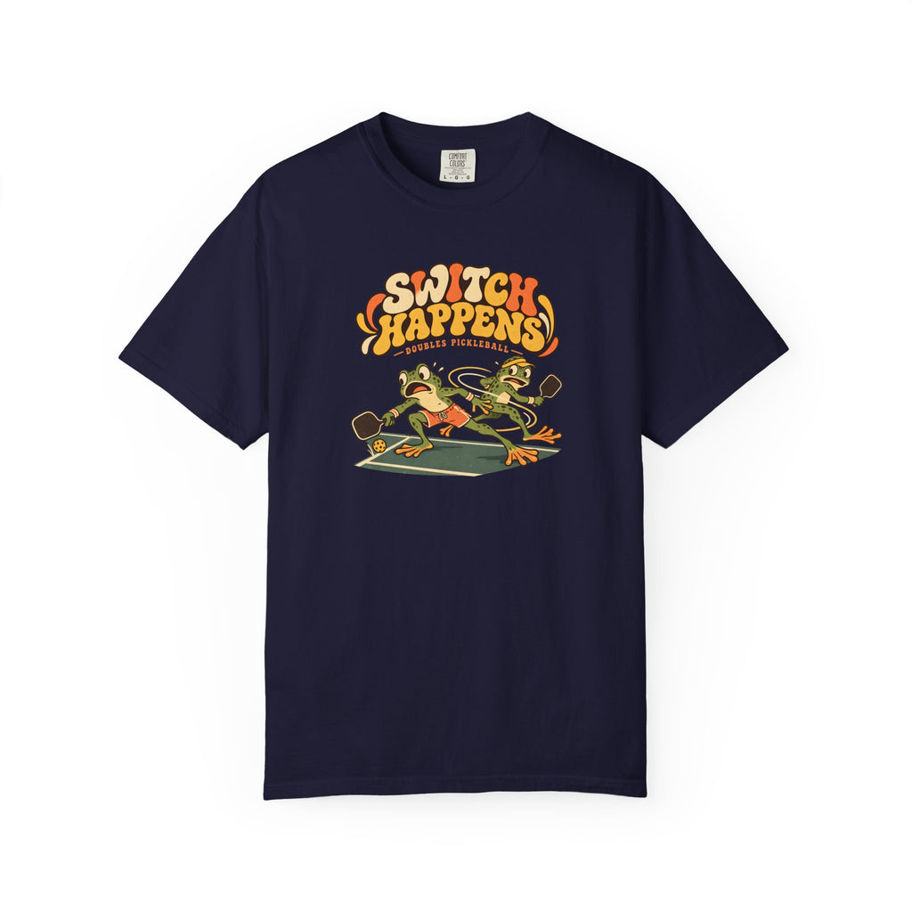 Navy colored Switch Happens pickleball t-shirt with colorful retro court graphic and bold curved lettering.