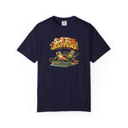 Navy colored Switch Happens pickleball t-shirt with colorful retro court graphic and bold curved lettering.