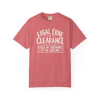 Watermelon colored Legal Erne pickleball t-shirt with bold Legal Erne Clearance typography and court-line styling.