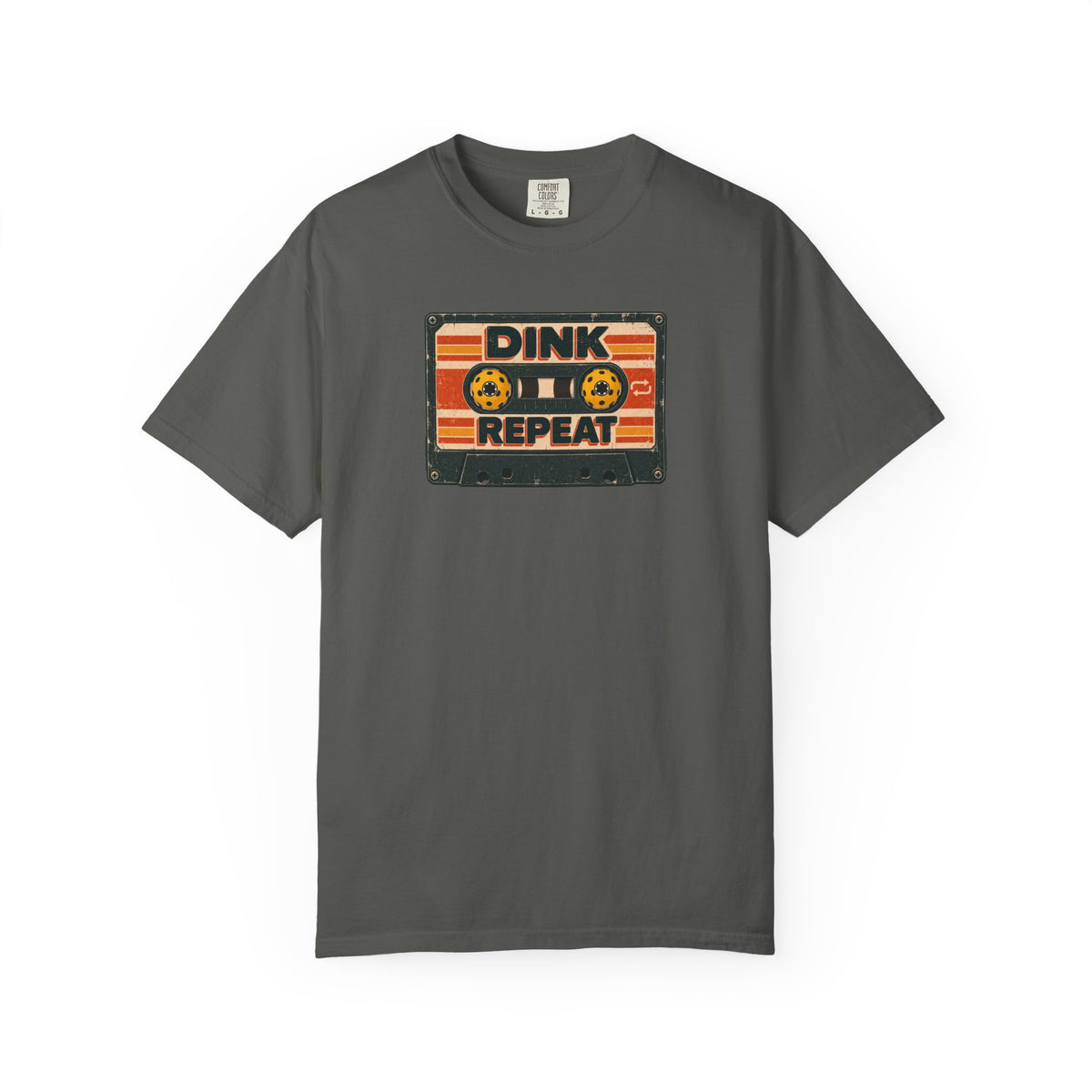Pepper colored Dink. Repeat. pickleball t-shirt with orange-and-black retro badge-style typography.