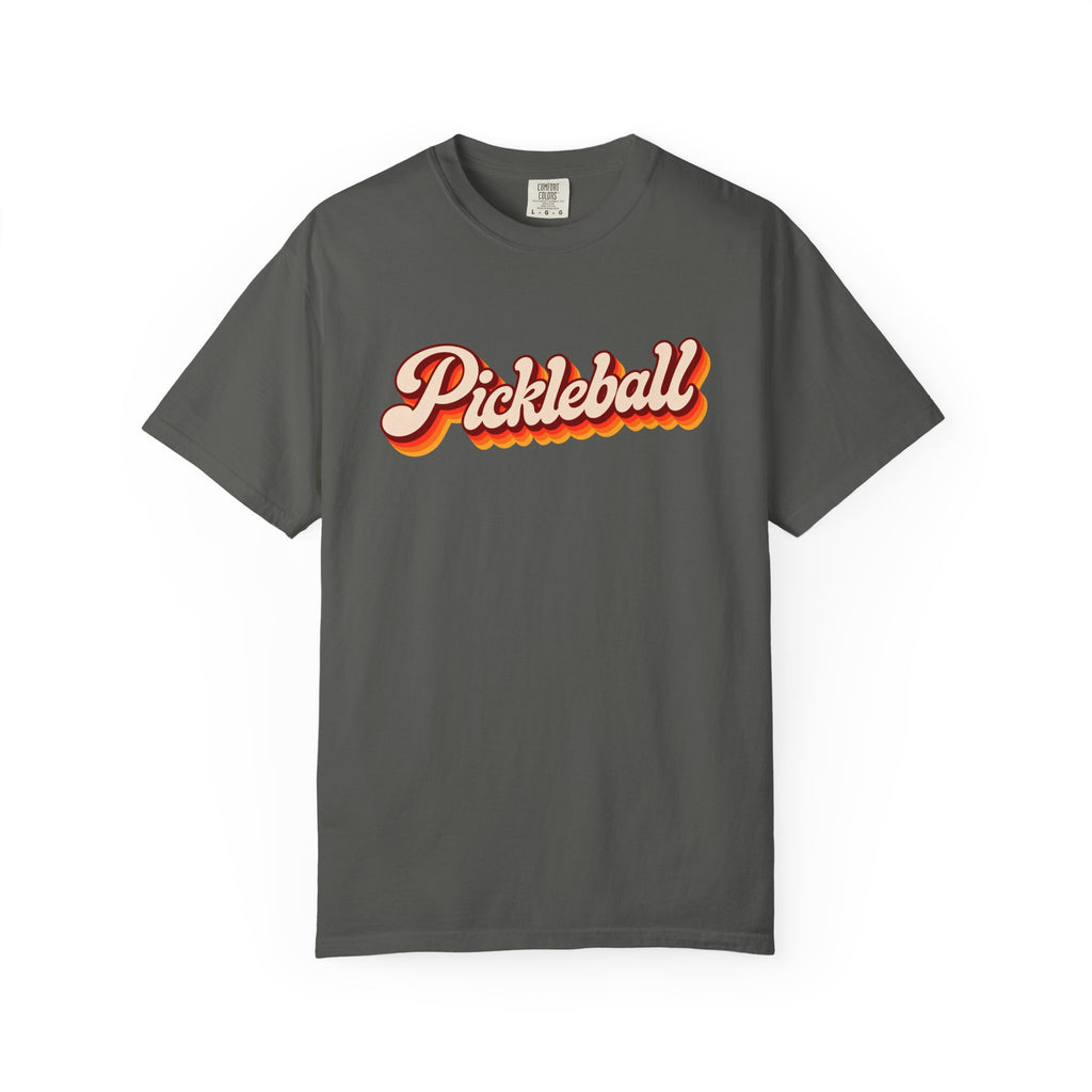 Pepper colored Pickleball t-shirt with simple retro script lettering and vintage underline detail.