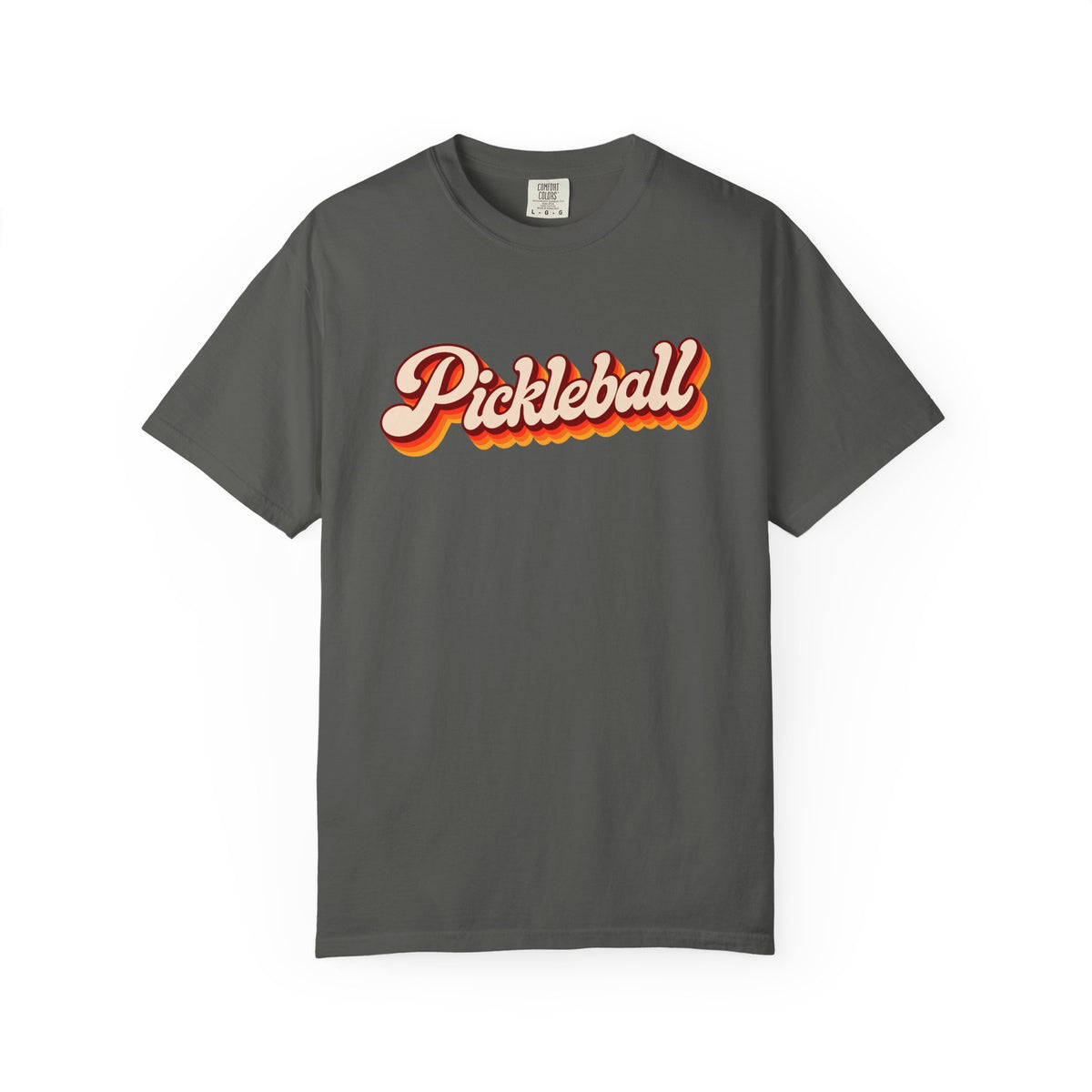 Pepper colored Pickleball t-shirt with simple retro script lettering and vintage underline detail.