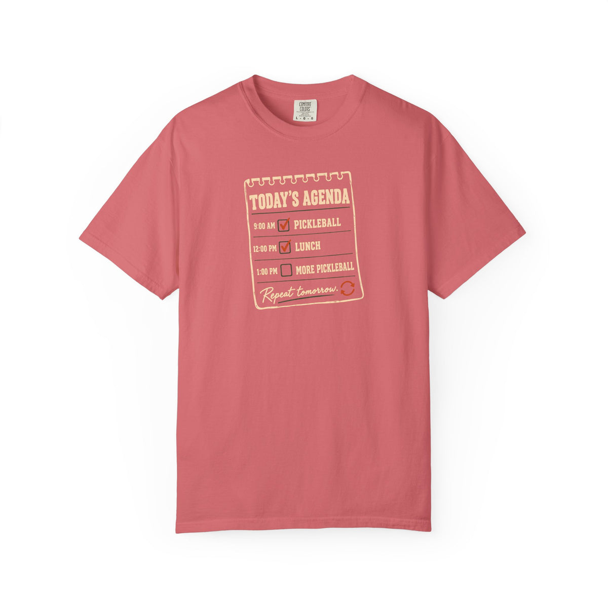 Watermelon colored Today's Agenda pickleball t-shirt with framed checklist-style pickleball graphic and vintage typography.