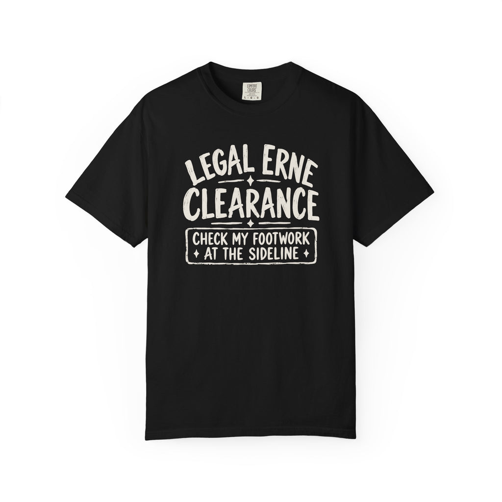 Black colored Legal Erne pickleball t-shirt with bold Legal Erne Clearance typography and court-line styling.