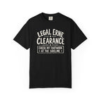 Black colored Legal Erne pickleball t-shirt with bold Legal Erne Clearance typography and court-line styling.