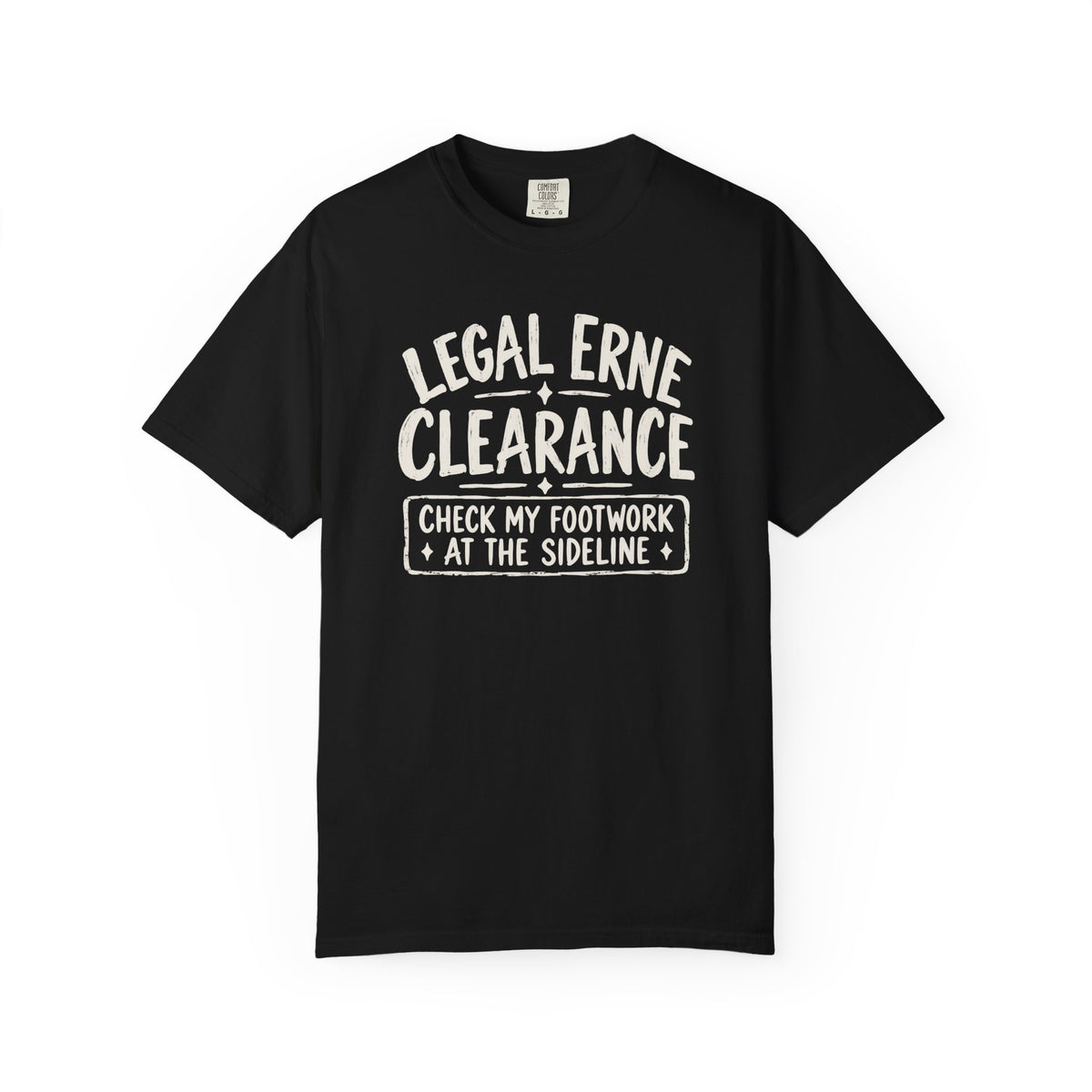 Black colored Legal Erne pickleball t-shirt with bold Legal Erne Clearance typography and court-line styling.