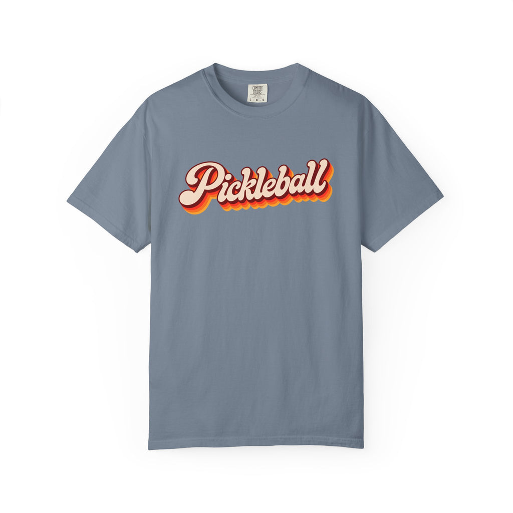 Blue-gray colored Pickleball t-shirt with simple retro script lettering and vintage underline detail.