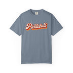 Blue-gray colored Pickleball t-shirt with simple retro script lettering and vintage underline detail.