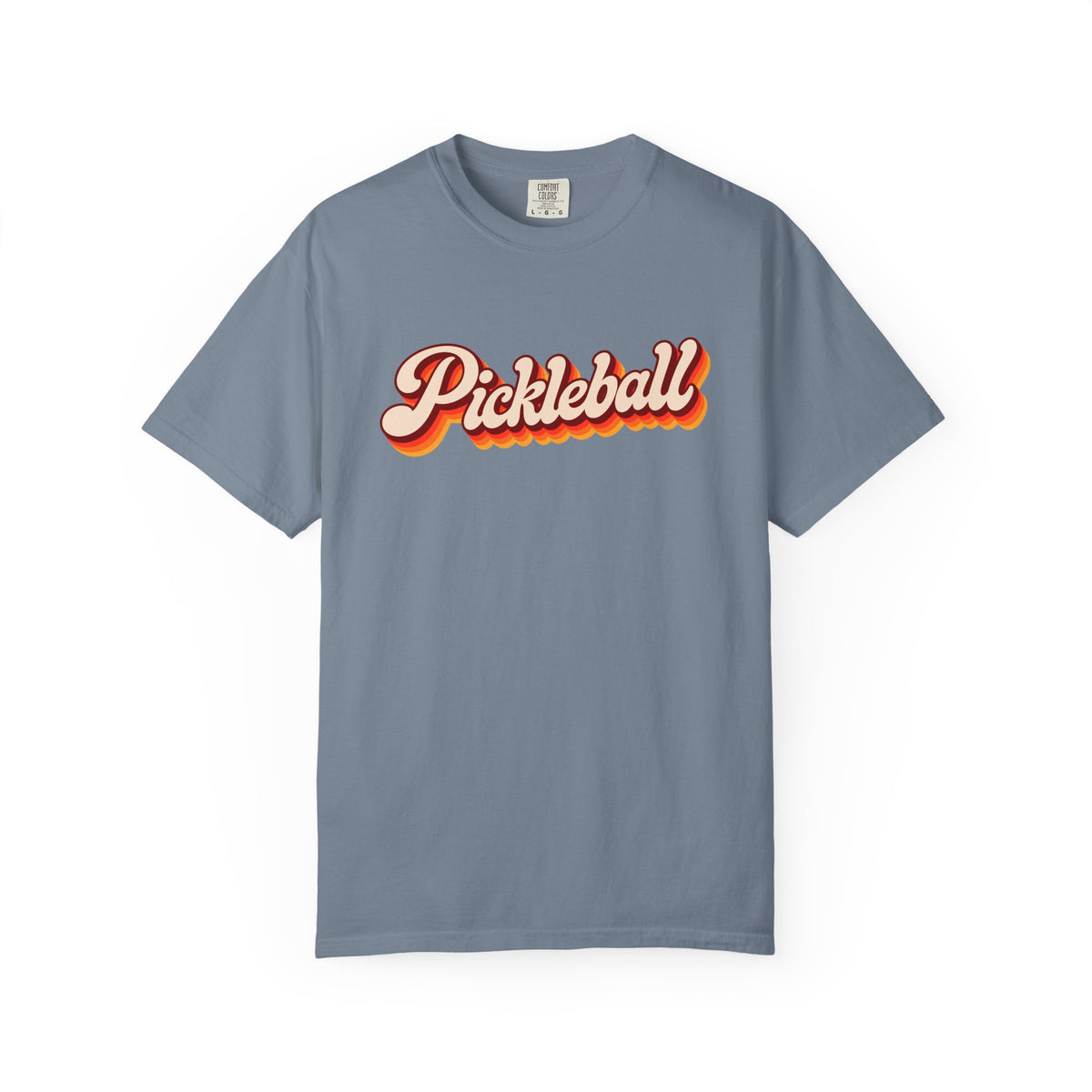 Blue-gray colored Pickleball t-shirt with simple retro script lettering and vintage underline detail.