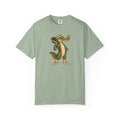 Sage colored Pickleball Gator pickleball t-shirt with cartoon alligator player holding a paddle.