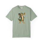 Sage colored Pickleball Gator pickleball t-shirt with cartoon alligator player holding a paddle.