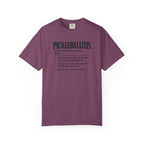 Berry colored Pickleballitis pickleball t-shirt with dictionary-style diagnosis typography and humorous definition.
