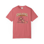 Watermelon colored Stack Attack pickleball t-shirt with distressed cream lettering and pickleball strategy graphic.